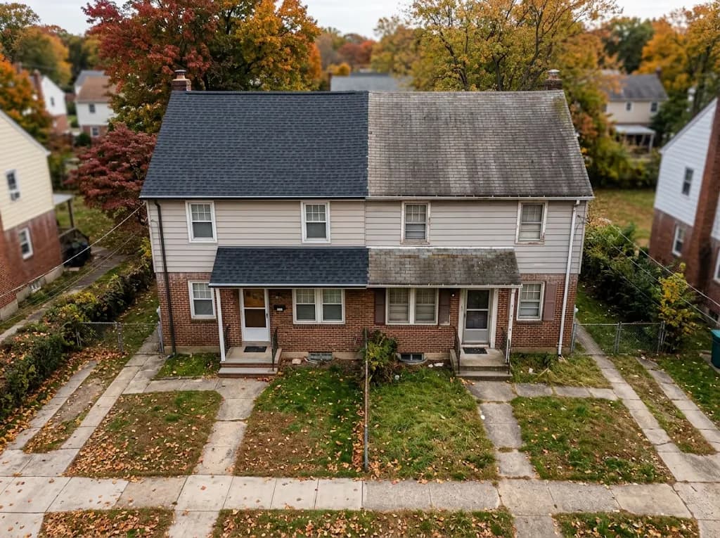 Semi-attached twin house where one half has a new roof and the other an older one