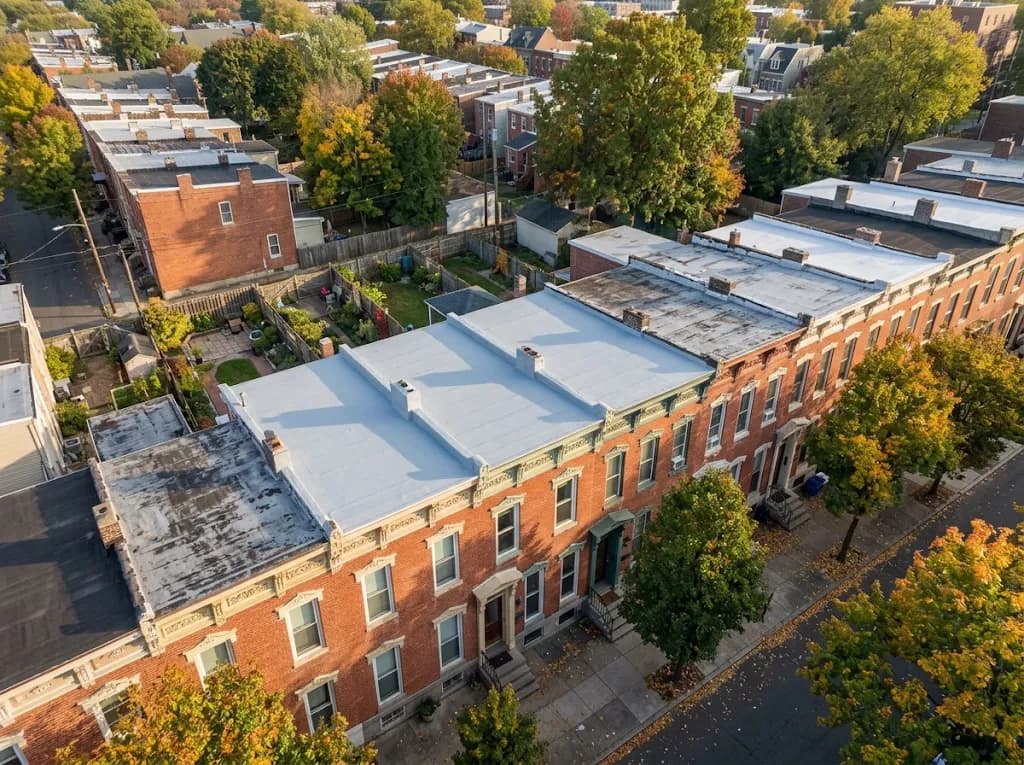 Aerial view of Trenton brick rowhouses with low-slope roofs, several newly covered in light gray membrane