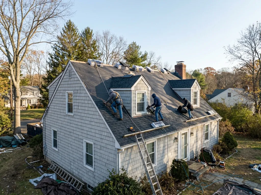 Roofers installing architectural shingles on a Cape Cod house