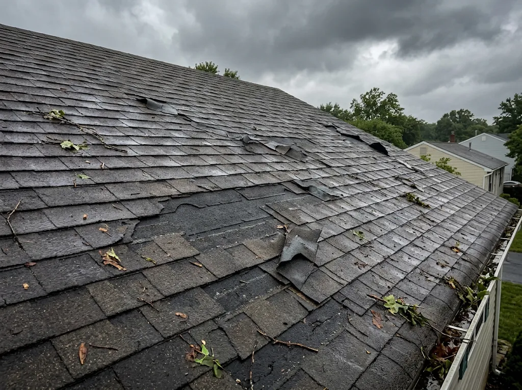 Close-up of creased and missing shingles after a storm